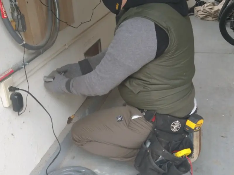 Electrician performing outlet wiring in a Hudson garage
